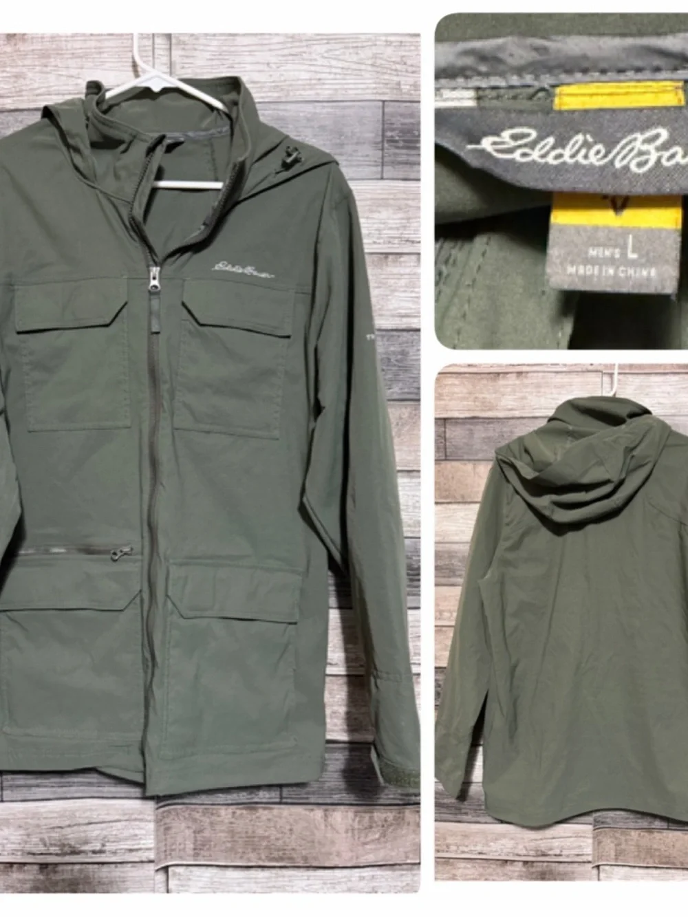 Eddie Bauer Travex Utility Hiking Jacket Men’s L Green Stow Away Hood Full Zip
